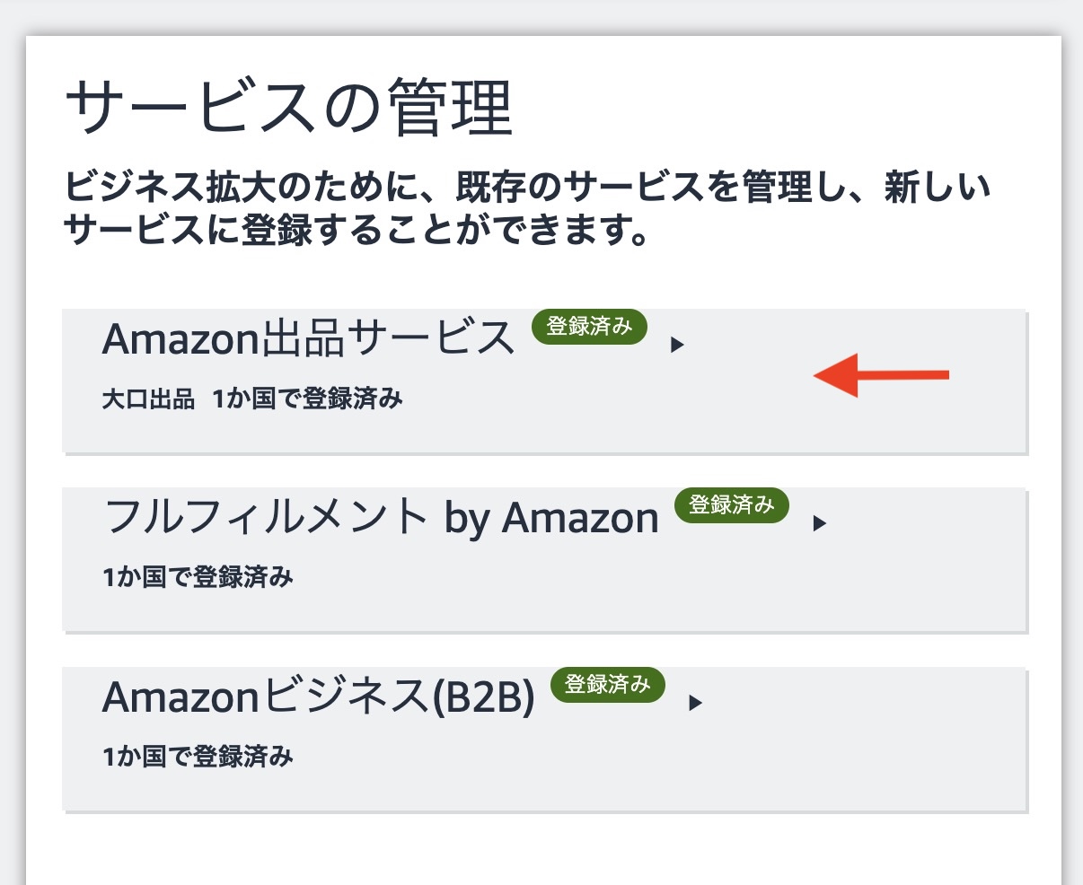 Amazonセラーセントラルのサービス管理画面で、大口出品が有効になっている状態を確認する画面