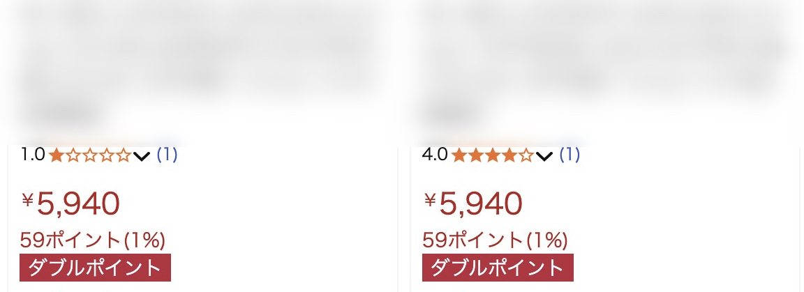 商品レビュー評価の違いによって購入判断が分かれる表示例