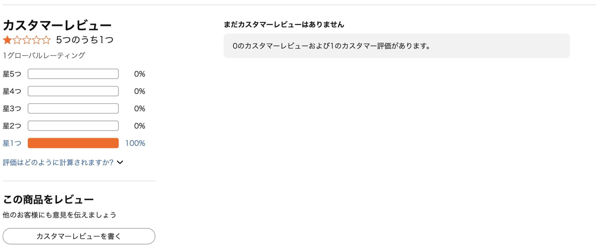 Amazonでコメントなしの星評価(レーティング)のみが行われた際の表示例。テキストが存在しないため、ガイドライン違反を報告する「レポート」ボタンが表示されない仕組みを解説する画像。